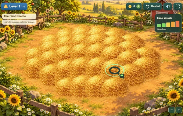 A golden haystack on a sunny farm, ready for a metal detector search.