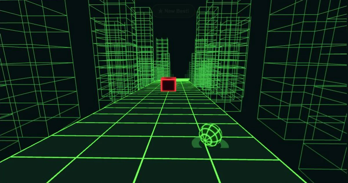 Uma bola verde à direita de um bloco vermelho na pista neon de Slope.