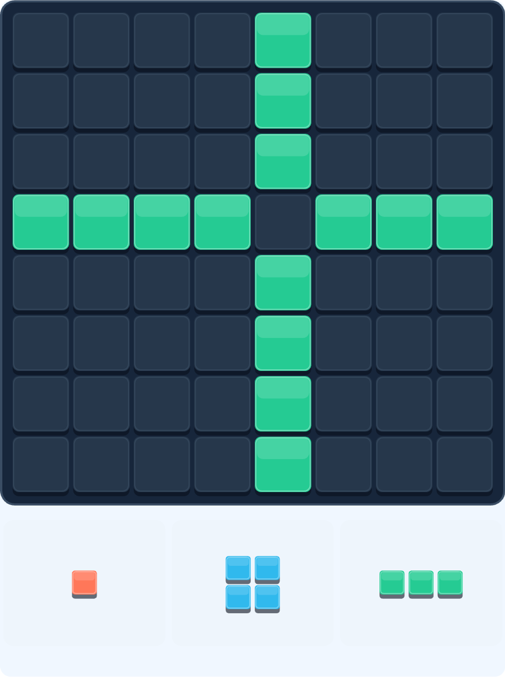 Place the single-cell piece at row 4, column 5, counting from the top left. It completes both the row and column for 31 points when no combo is active.