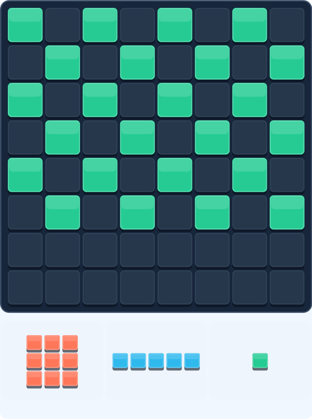 The same 24 occupied cells, spread across the board, block every 3×3 placement. More empty cells do not automatically mean more useful options.