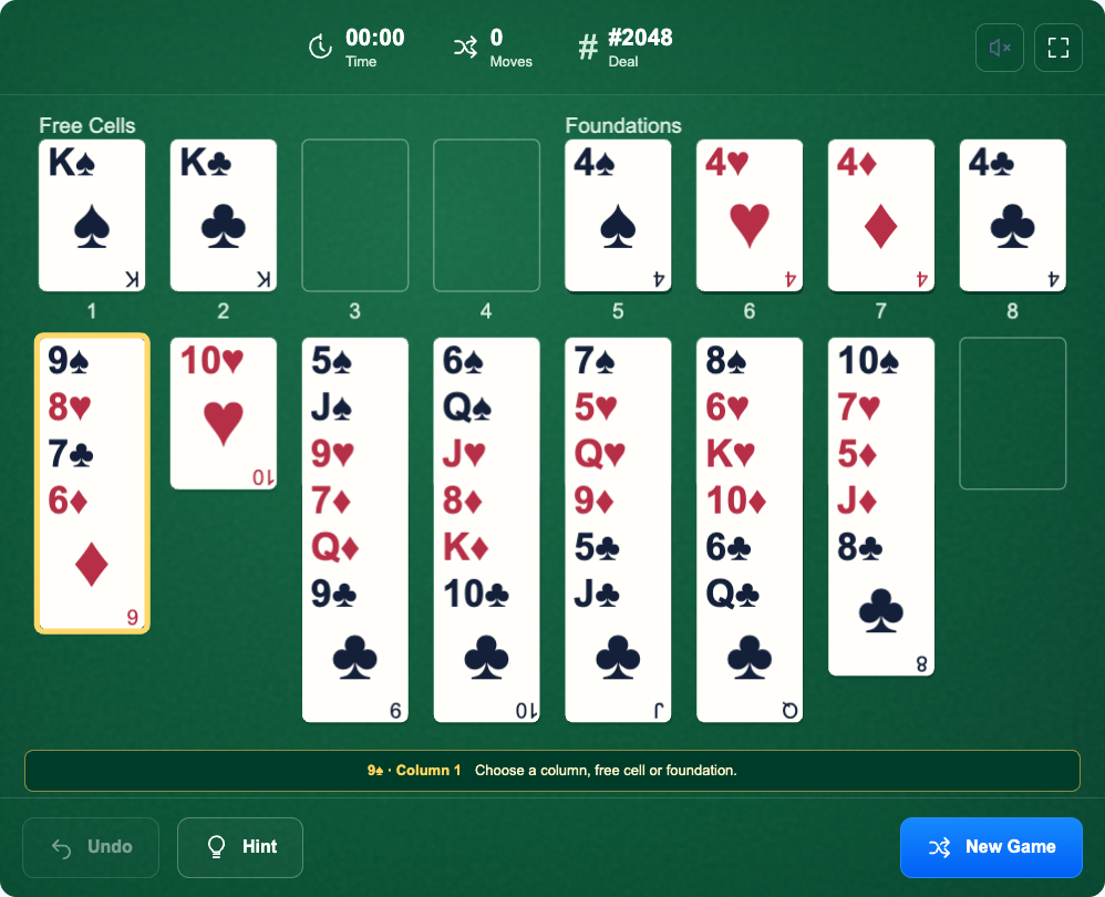 The selected run starts at 9♠. Its destination is the exposed 10♥ in column 2.