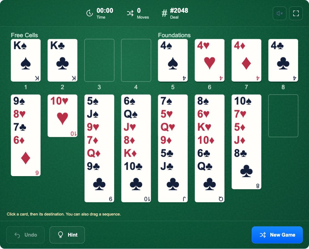 Two free cells and one empty column give this position room to rearrange cards.