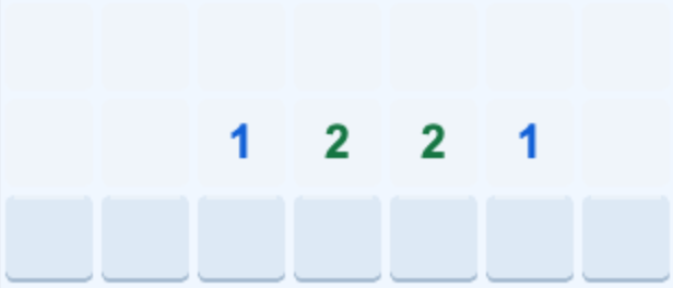 Read the clues: 1–2–2–1: flag directly below the two 2s; the cells below the outer 1s are safe.