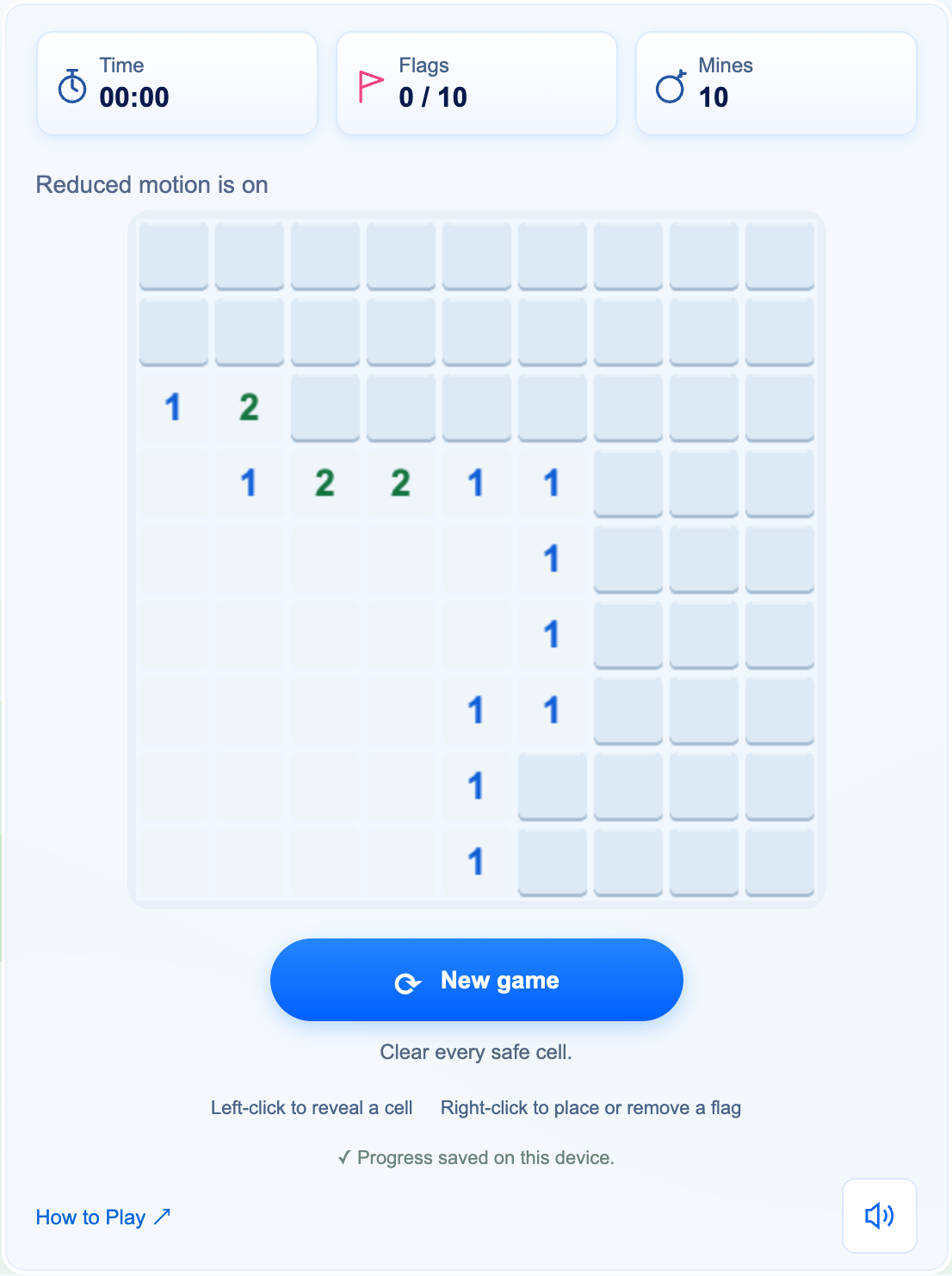 An opening in OnlinePuzzle: the first reveal and its neighbors are safe. The timer starts with that reveal, not with a flag.