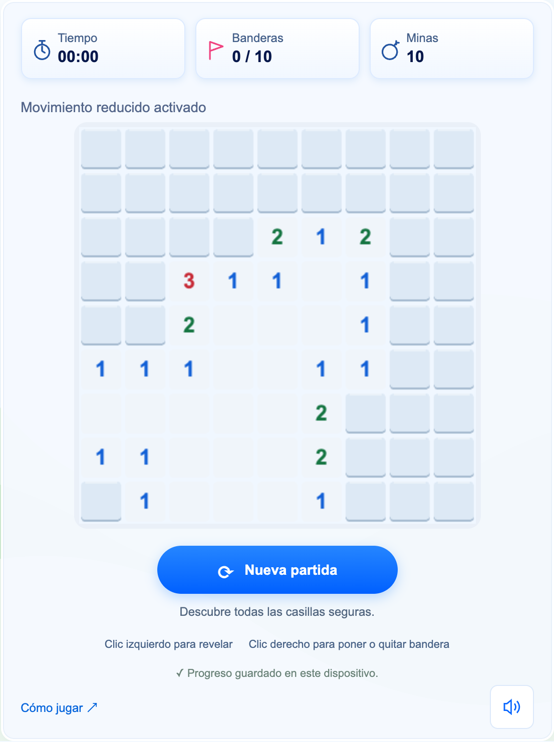 Una apertura en OnlinePuzzle: la primera casilla y sus vecinas son seguras. El reloj empieza al descubrir una casilla, no al poner una bandera.