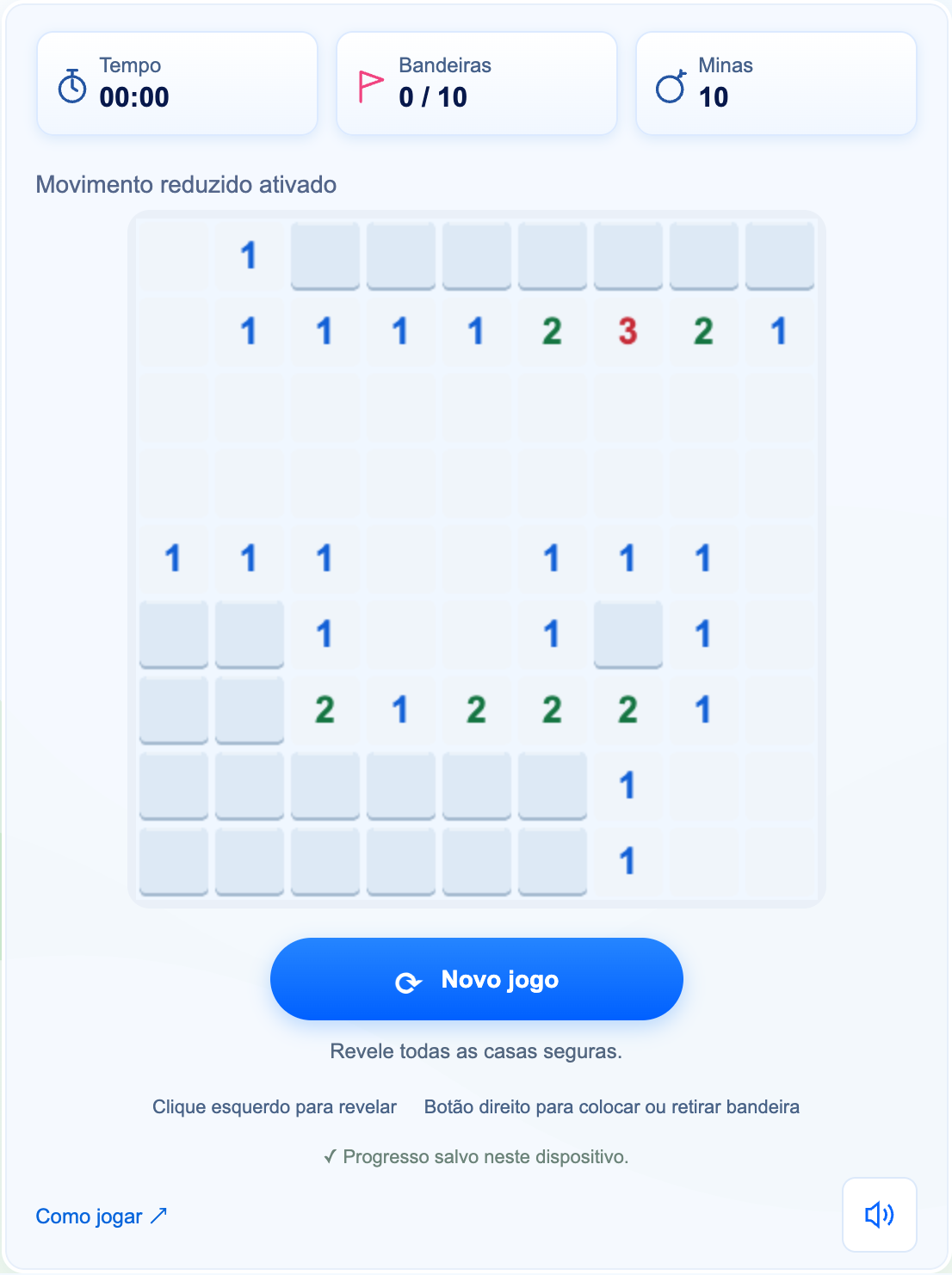 Uma abertura no OnlinePuzzle: a primeira casa e suas vizinhas são seguras. O relógio começa na primeira revelação, não ao colocar uma bandeira.