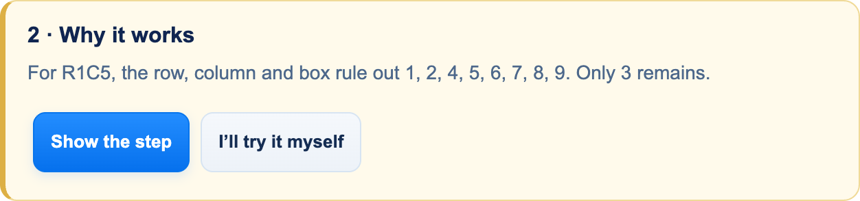 The built-in Hint tool explains a real deduction. Reading the explanation leaves the board unchanged; applying the step is a separate action.