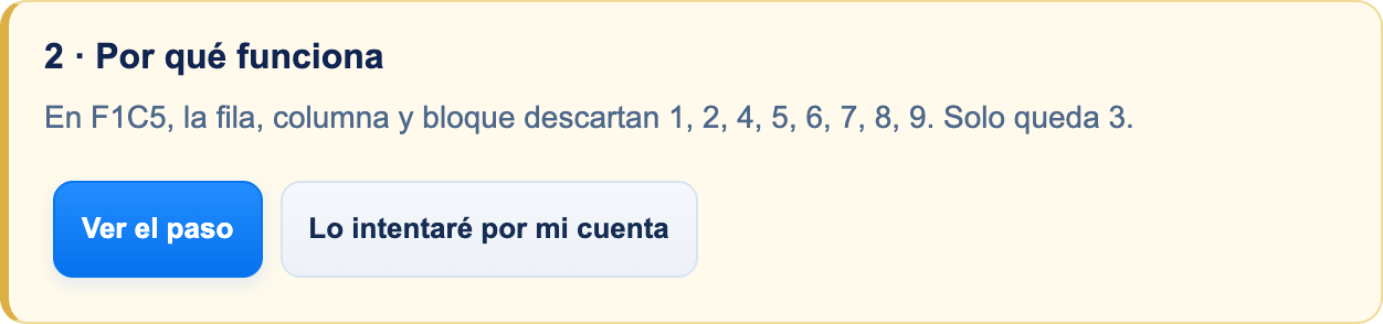 La herramienta Pista explica una deducción real. Leer la explicación no modifica el tablero; aplicar el paso es una acción aparte.