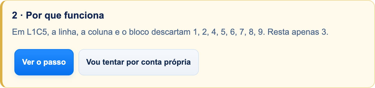 A ferramenta Dica explica uma dedução real. Ler a explicação não altera o tabuleiro; aplicar o passo é uma ação separada.