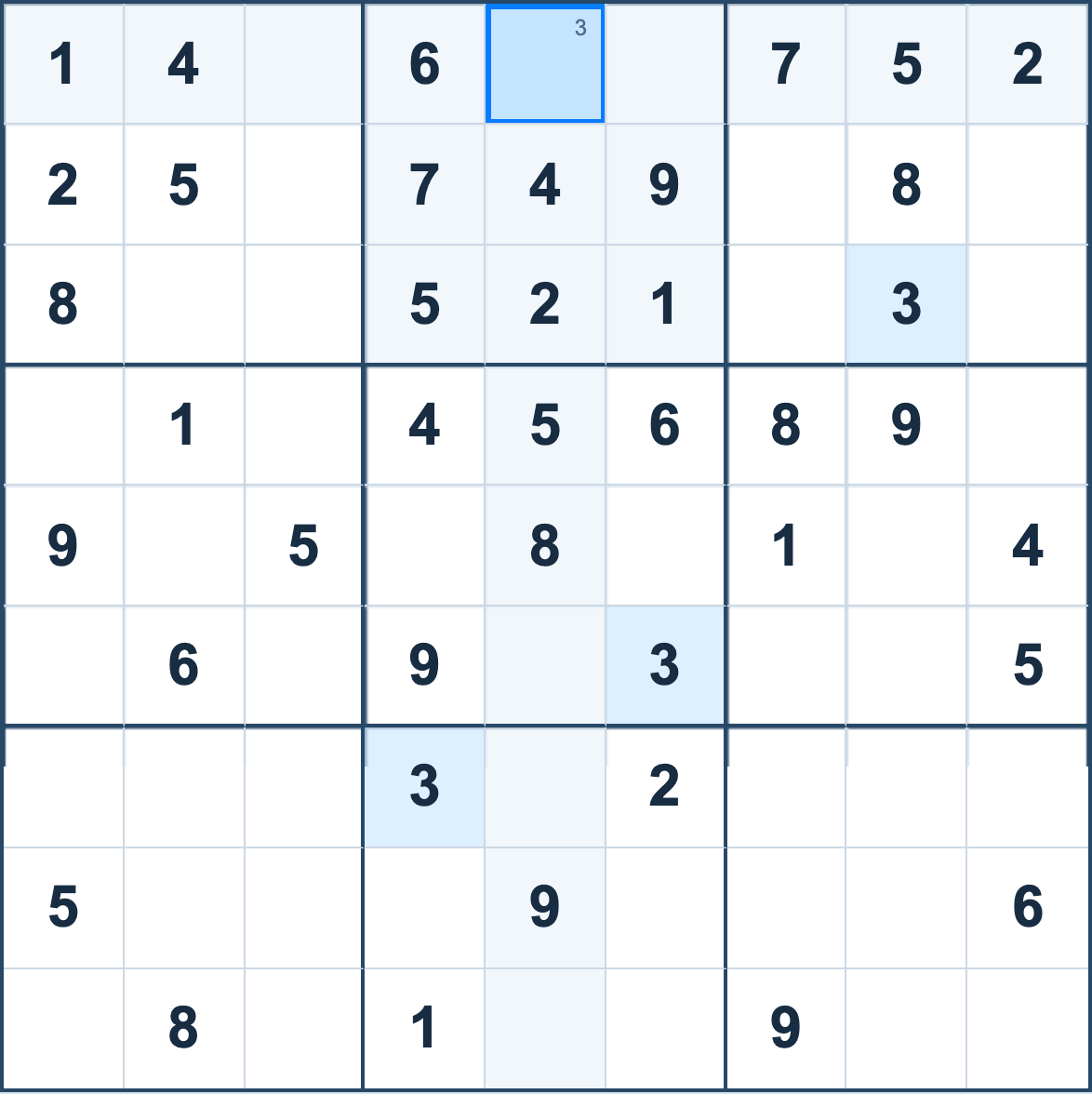 A verified single on the site’s board: r1c5 can only contain 3. The small number is a pencil note, not a filled answer.