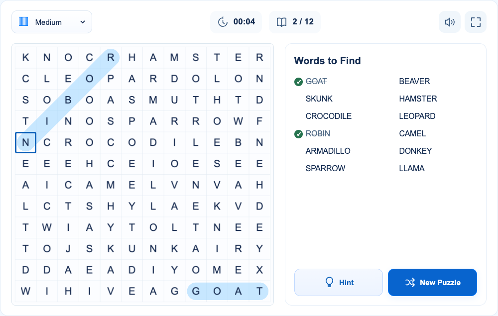 ROBIN slopes down-left from (1, 5) to (5, 1). GOAT remains highlighted below: found words stay on the board.