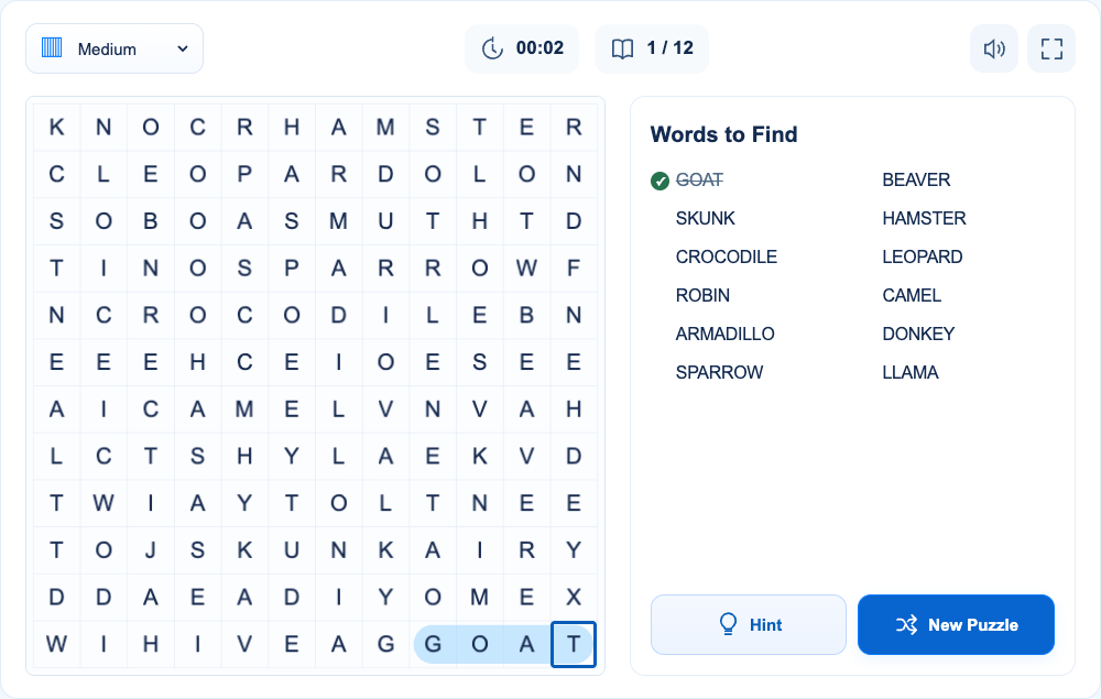 GOAT runs across row 12, from column 9 to column 12. The highlight and checked list entry confirm the whole word, not just its first few letters.