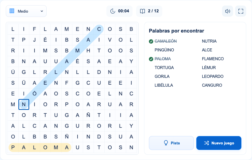 CAMALEÓN baja hacia la izquierda de (1, 9) a (8, 2). PALOMA sigue resaltada: encontrar una palabra no borra sus letras.