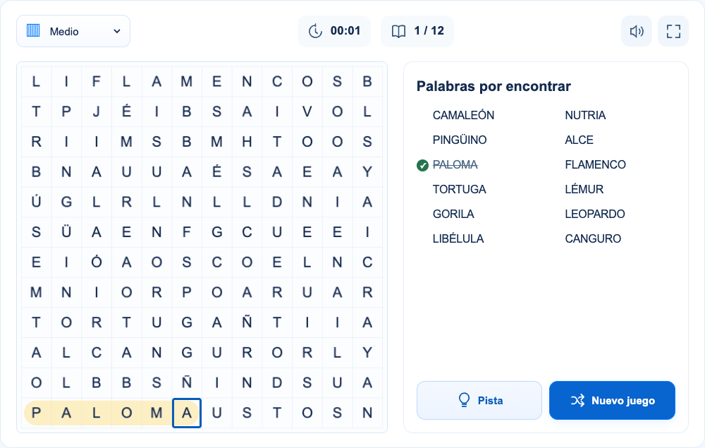 PALOMA ocupa la fila 12, desde la columna 1 hasta la 6. El resaltado y la marca en la lista confirman la selección completa.