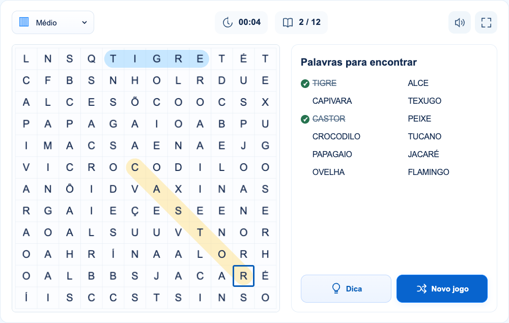 CASTOR segue na diagonal de (6, 6) até (11, 11). TIGRE continua destacado na primeira linha: as letras encontradas permanecem no tabuleiro.