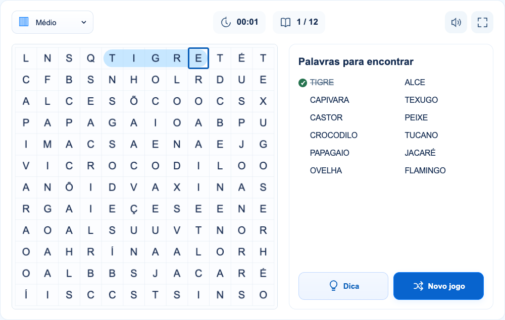 TIGRE ocupa a primeira linha, da coluna 5 à 9. O destaque e a marca na lista confirmam a palavra inteira.