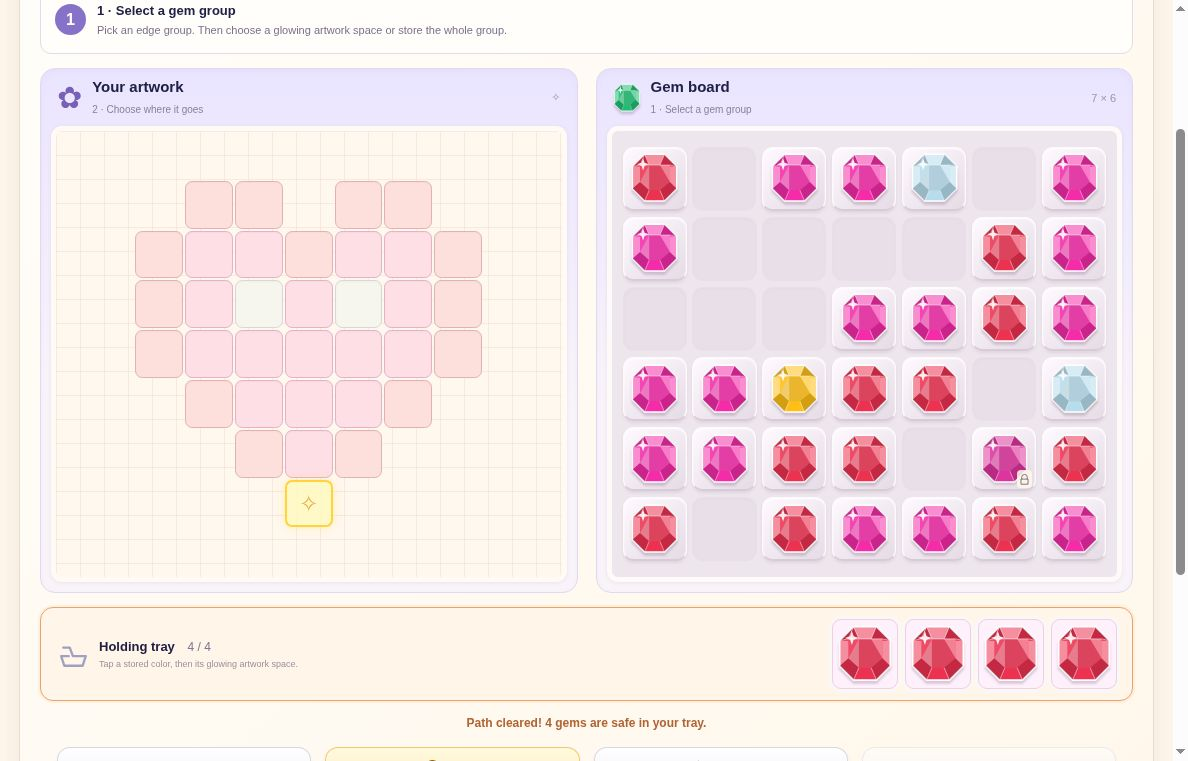 Four Ruby gems in a full holding tray and the opened route to the gold gem