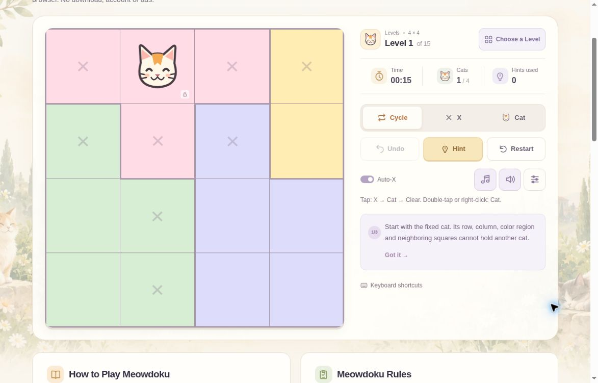 Gato fijo de Meowdoku en la fila 1, columna 2 del nivel 1, con marcas X automáticas