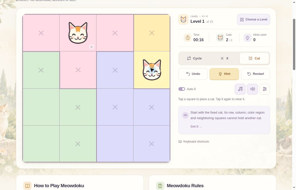 Segundo gato de Meowdoku en la fila 2, columna 4 del nivel 1, con nuevos descartes automáticos