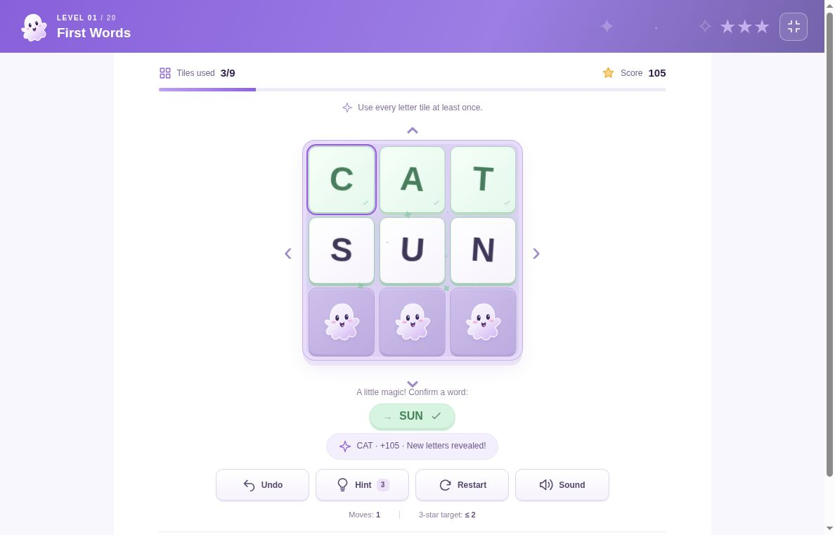 Phantom Words CAT confirmed, SUN revealed and 3 of 9 tiles used