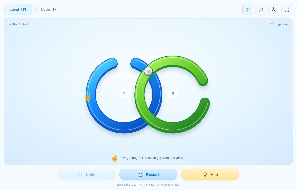 Nivel 1 de Rotate Rings con los anillos azul 1 y verde 2 unidos por un enganche plateado superior