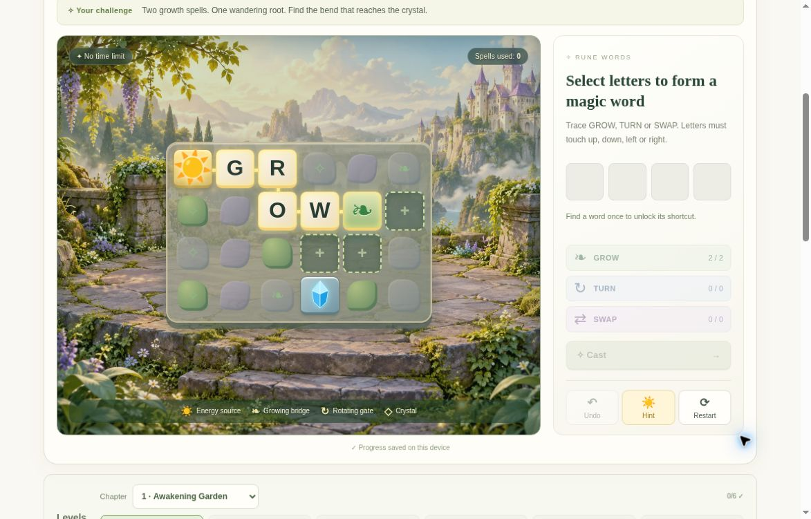 Rune Words Level 1 with GROW letters, growth seed, sleeping bridges and an unlit crystal