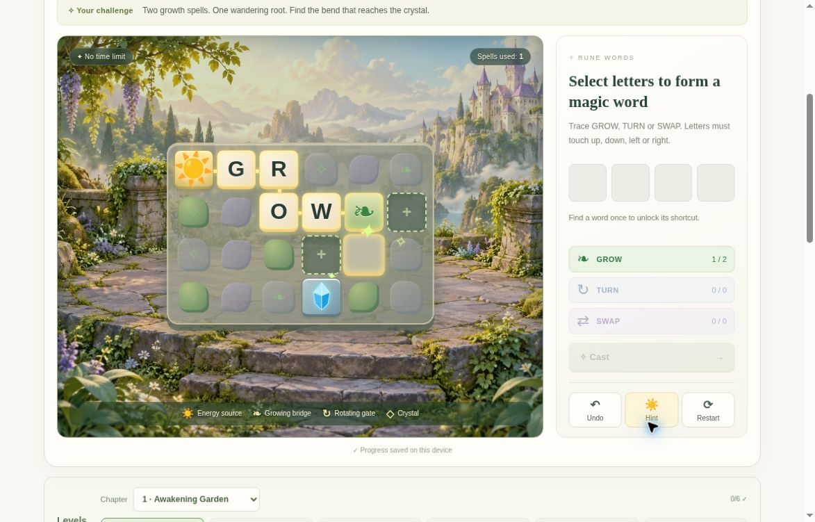 Rune Words after GROW activates row 3 column 5 with one charge remaining