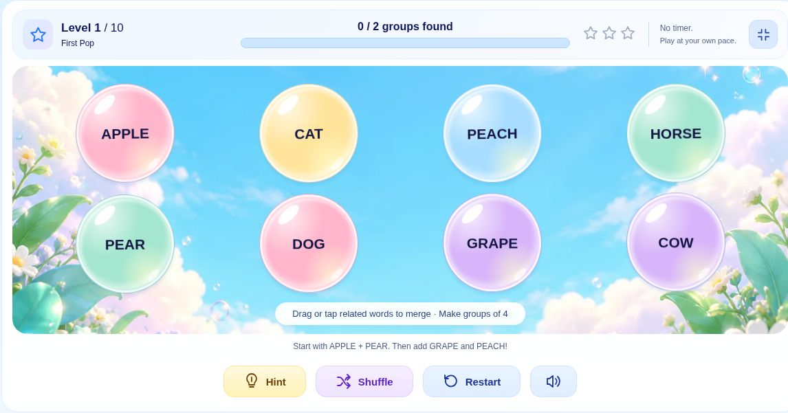 Word Bubble first level with Apple, Cat, Peach, Horse, Pear, Dog, Grape, and Cow in colored bubbles.