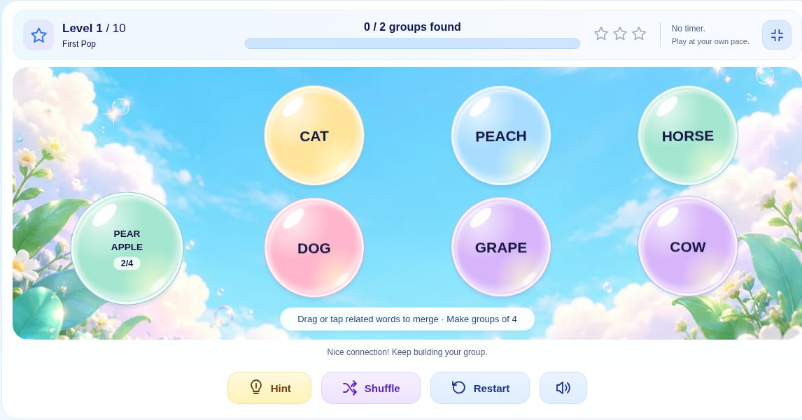 Apple and Pear merged into a single Word Bubble group marked 2/4, with zero of two groups completed.