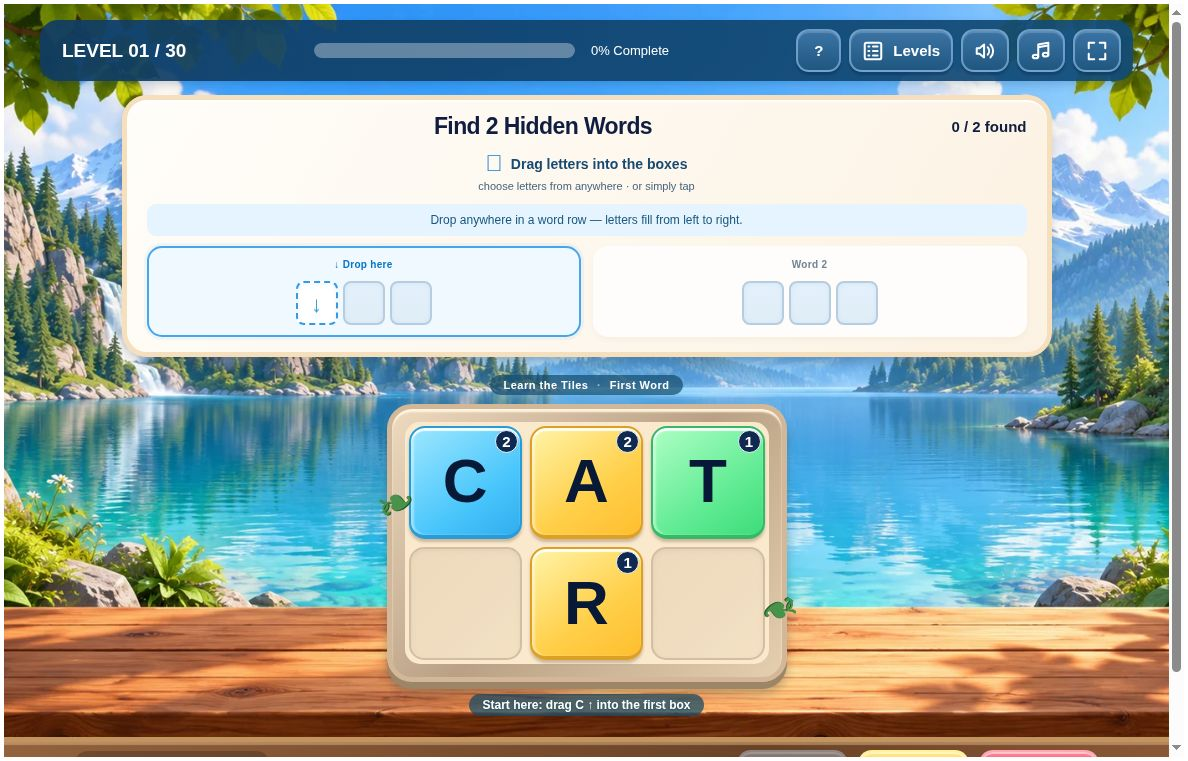 Word Tiles opening board with C2, A2, T1, and R1 and two empty three-letter answer rows.