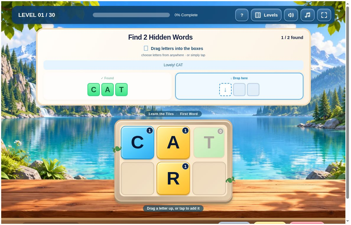 Word Tiles after CAT is accepted, with remaining counters C1, A1, T0, and R1.
