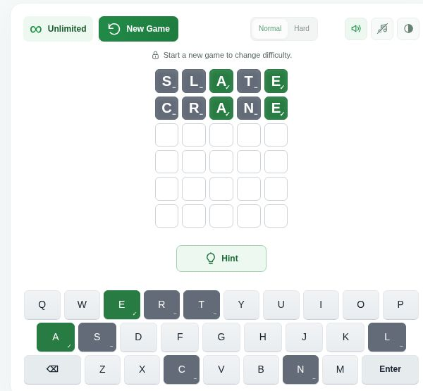 SLATE e CRANE com A verde na terceira posição e E verde na quinta; as outras letras estão cinza.